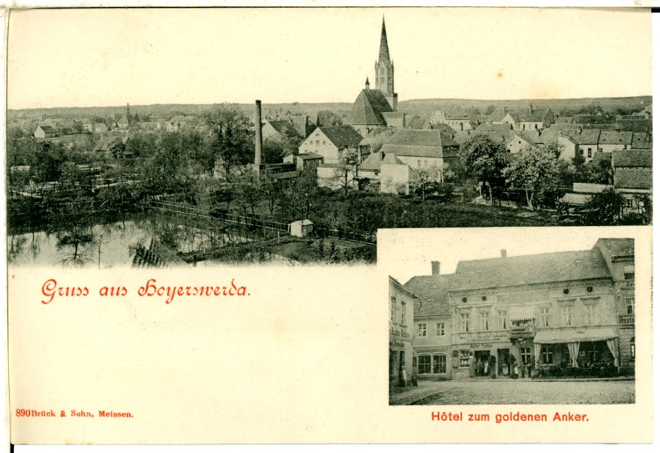 00890-Hoyerswerda-1898-Hotel zum goldenen Anker und Blick zur Stadt-Brück & Sohn Kunstverlag