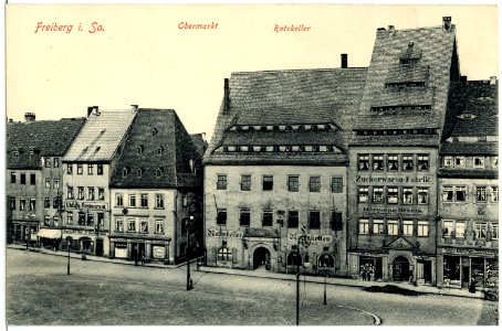 02965-Freiberg-1903-Obermarkt mit Ratskeller und Zuckerwarenfabrik-Brück & Sohn Kunstverlag