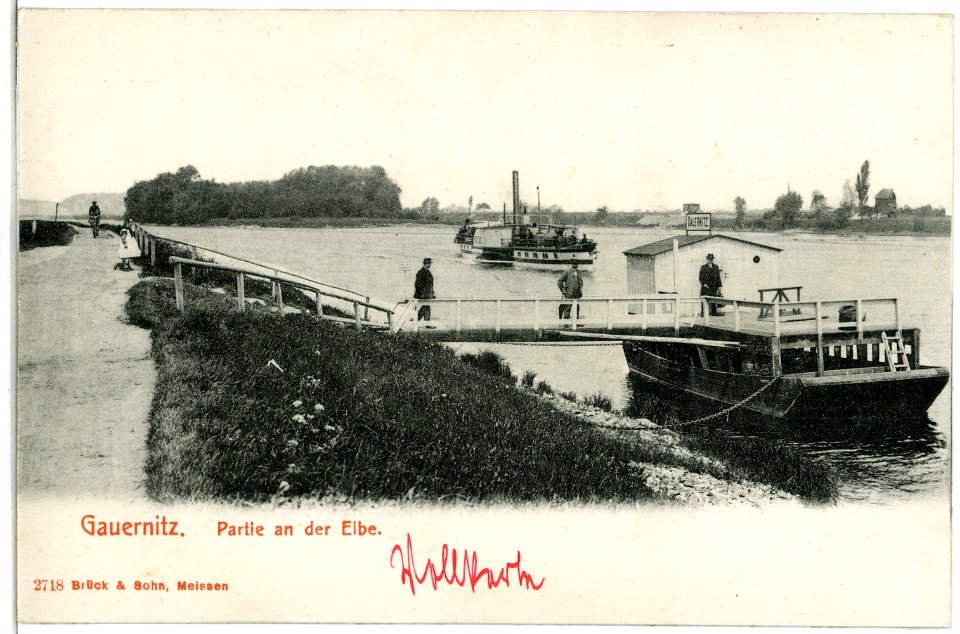 02718-Gauernitz-1902-Dampfschiffhaltestelle, Dampfer und Gauernitzer Insel-Brück & Sohn Kunstverlag