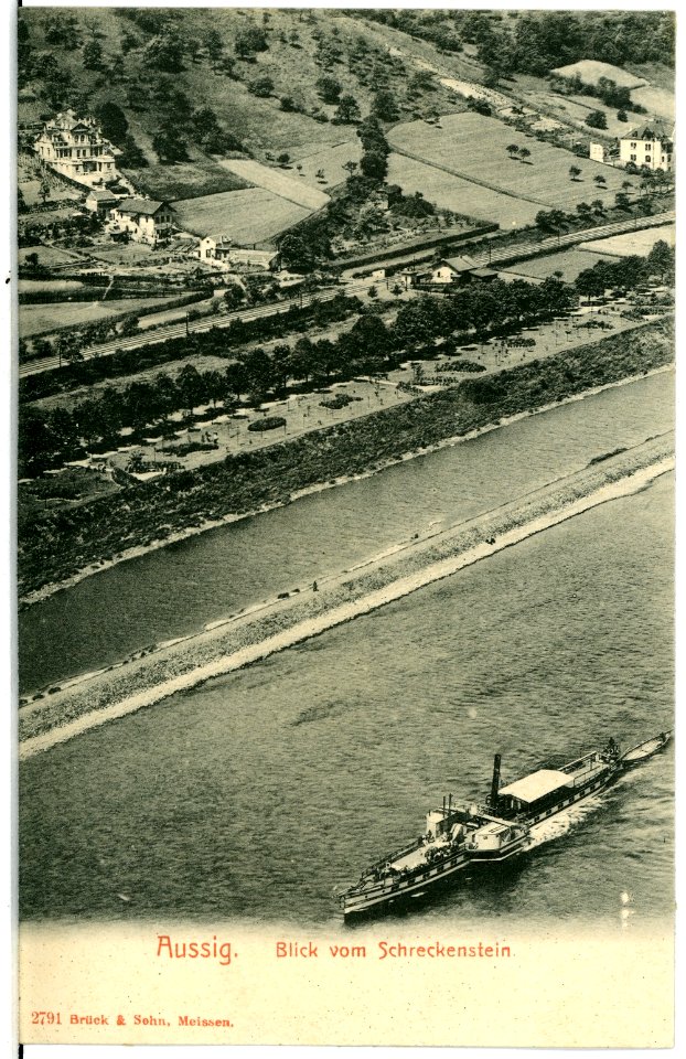 02791-Aussig-Elbe-1903-Blick vom Schreckenstein auf Elbe mit Dampfer-Brück & Sohn Kunstverlag