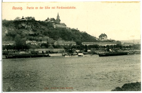02792-Aussig-Elbe-1903-Elbe mit Dampfer, Schleppkähnen, Ferdinandshöhe-Brück & Sohn Kunstverlag