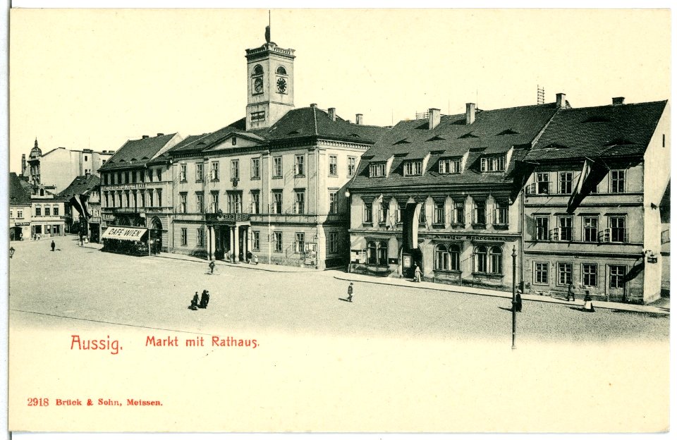 02918-Aussig-1903-Markt mit Rathaus und Cafe Wien-Brück & Sohn Kunstverlag