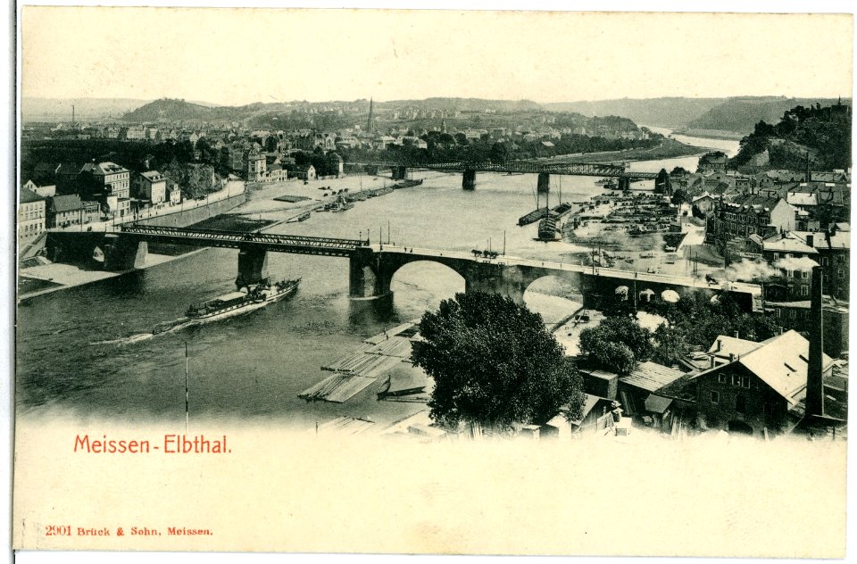 02901-Meißen-1903-Blick zur Elbe mit Brücken und Dampfer Meißen-Brück & Sohn Kunstverlag
