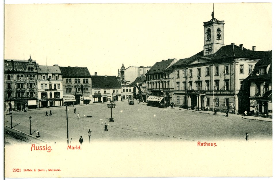02921-Aussig-1903-Markt mit Rathaus und Cafe Wien-Brück & Sohn Kunstverlag