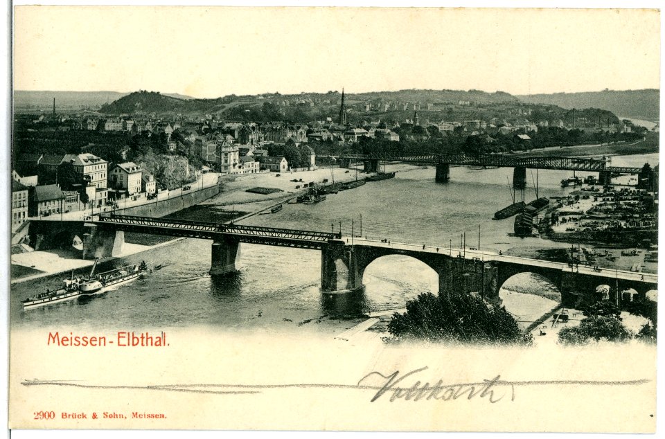 02900-Meißen-1903-Blick zur Elbe mit Brücken und Dampfer Meißen-Brück & Sohn Kunstverlag