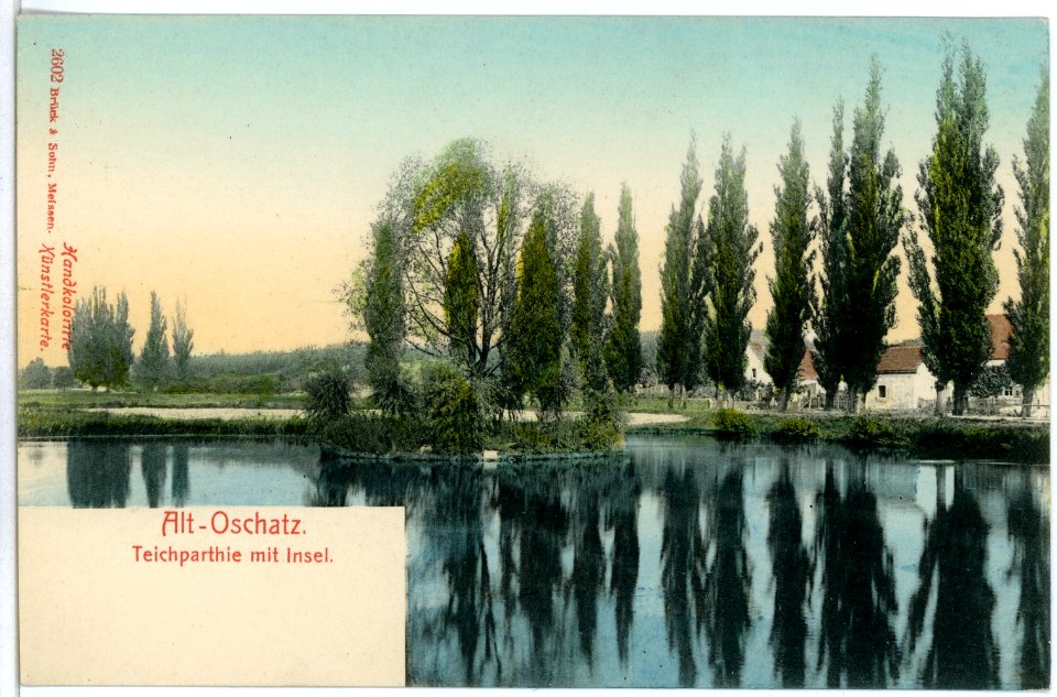 02602-Alt-Oschatz-1902-Teichpartie mit Insel-Brück & Sohn Kunstverlag