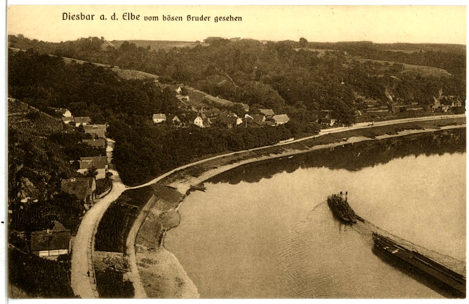 02724-Diesbar-1902-Blick auf den großen Elbebogen mit Schlepper-Brück & Sohn Kunstverlag