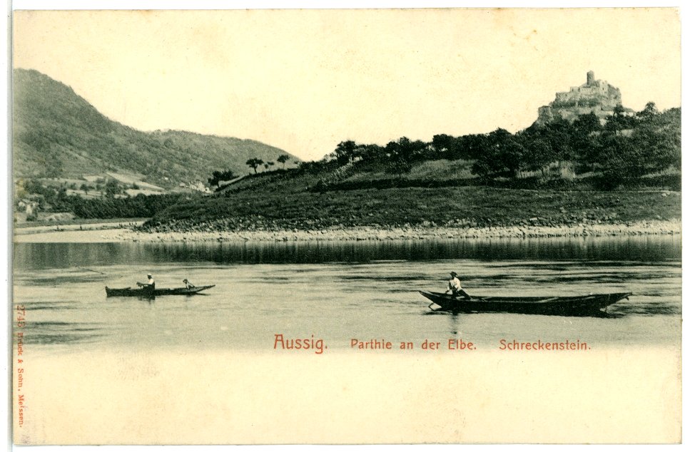 02743-Aussig-Elbe-1902-Burg Schreckenstein mit Elbe und Kähnen-Brück & Sohn Kunstverlag