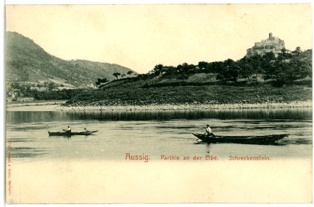 02743-Aussig-Elbe-1902-Burg Schreckenstein mit Elbe und Kähnen-Brück & Sohn Kunstverlag