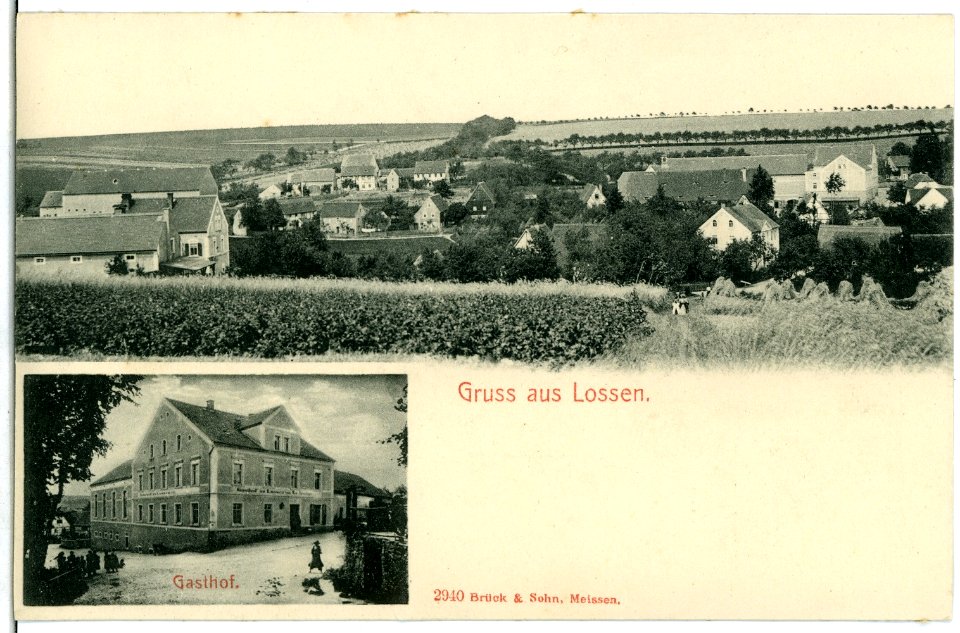 02940-Lossen-1903-Blick auf den Ort, Gasthof-Brück & Sohn Kunstverlag