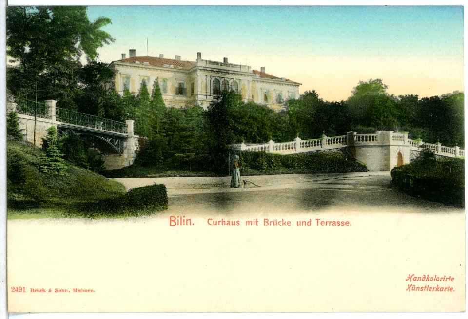 02491-Bilin-1902-Kurhaus mit Brücke und Terrasse-Brück & Sohn Kunstverlag