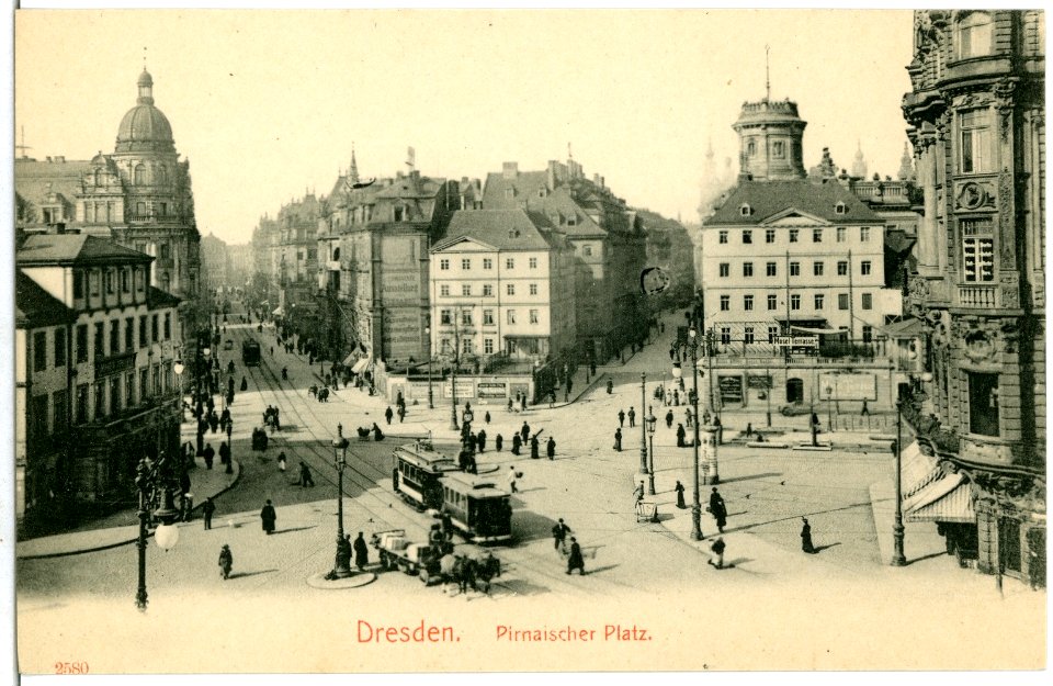 02580-Dresden-1902-Pirnaischer Platz mit Straßenbahn und Pferdewagen-Brück & Sohn Kunstverlag