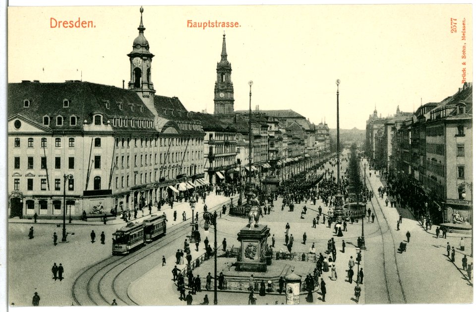 02577-Dresden-1902-Hauptstraße Dreikönigskirche, Goldener Reiter und Straßenbahn-Brück & Sohn Kunstverlag