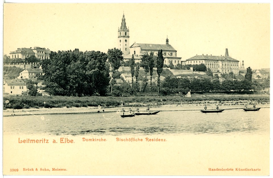 03309-Leitmeritz-1903-Domkirche Bischöfliche Residenz, Elbe mit Kähnen-Brück & Sohn Kunstverlag