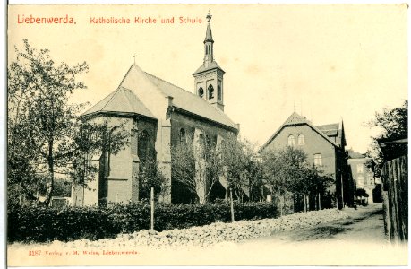 03187-Liebenwerda-1903-Katholische Kirche mit Schule-Brück & Sohn Kunstverlag