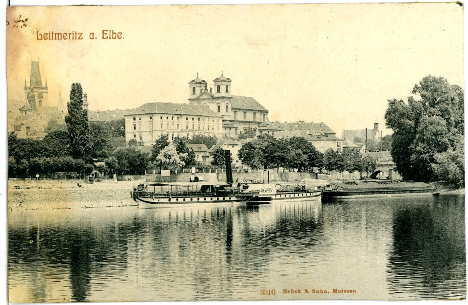 03316-Leitmeritz-1903-Blick über die Elbe mit Dampfschiff John Penn-Brück & Sohn Kunstverlag