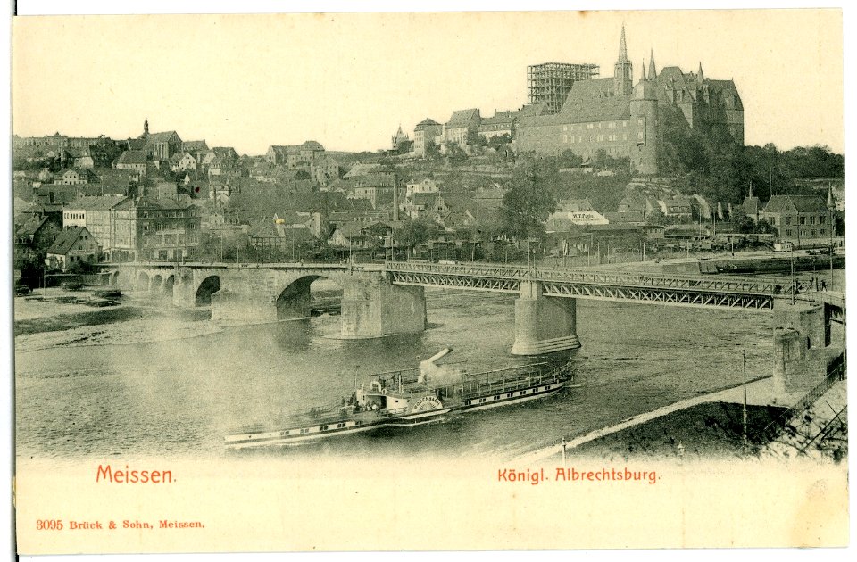 03095-Meißen-1903-Albrechtsburg, Elbe, Brücke, Dampfer Bodenbach-Brück & Sohn Kunstverlag