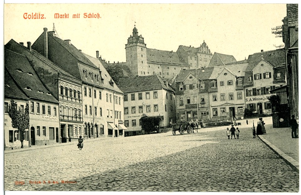 02989-Colditz-1903-Markt mit Schloß und Pferdewagen-Brück & Sohn Kunstverlag