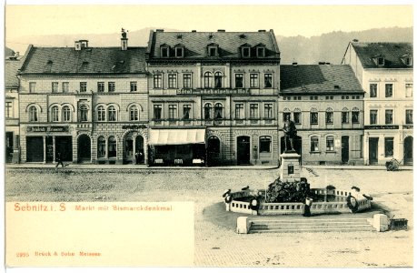 02995-Sebnitz-1903-Markt mit Bismarckdenkmal-Brück & Sohn Kunstverlag