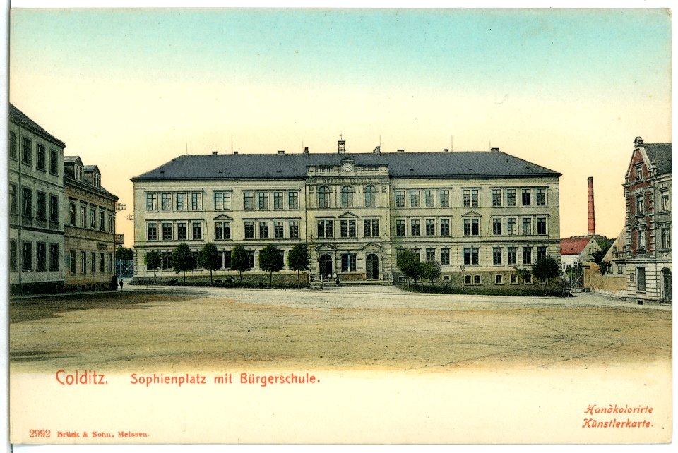 02992-Colditz-1903-Sophienplatz mit Bürgerschule-Brück & Sohn Kunstverlag