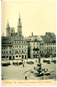 02976-Freiberg-1903-Obermarkt mit Denkmal Otto des Reichen-Brück & Sohn Kunstverlag