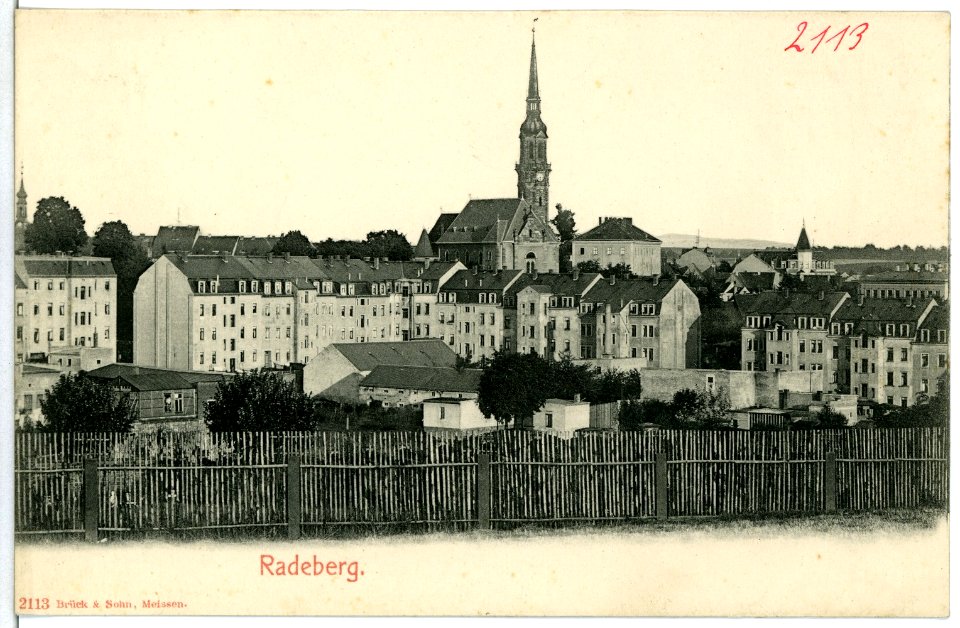 02113-Radeberg-1901-Ansicht mit Kirche-Brück & Sohn Kunstverlag