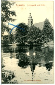 01655-Seußlitz-1901-Schloßteich und Kirche-Brück & Sohn Kunstverlag