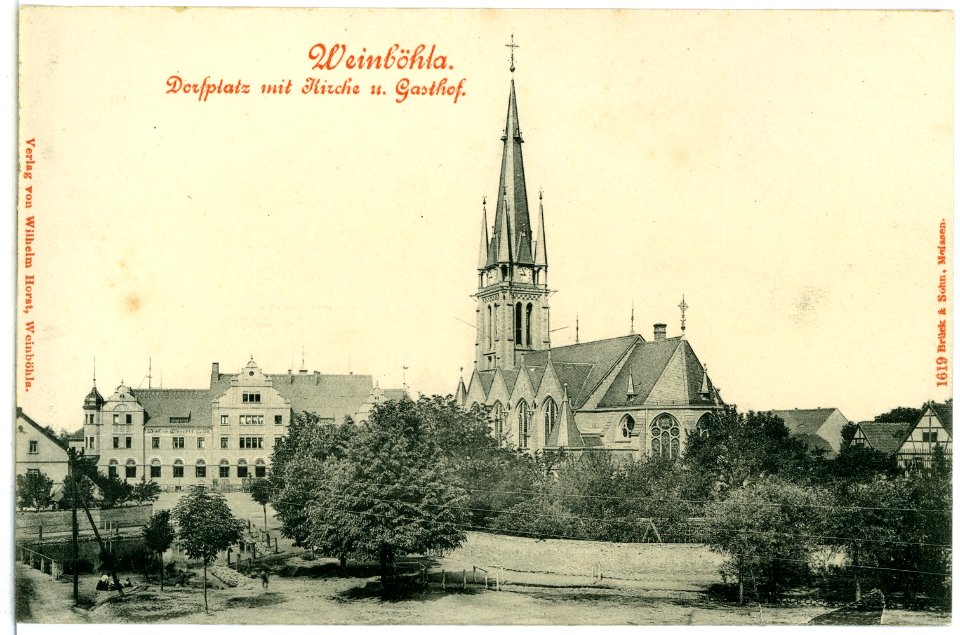 01619-Weinböhla-1901-Dorfplatz mit Kirche und Gasthof-Brück & Sohn Kunstverlag