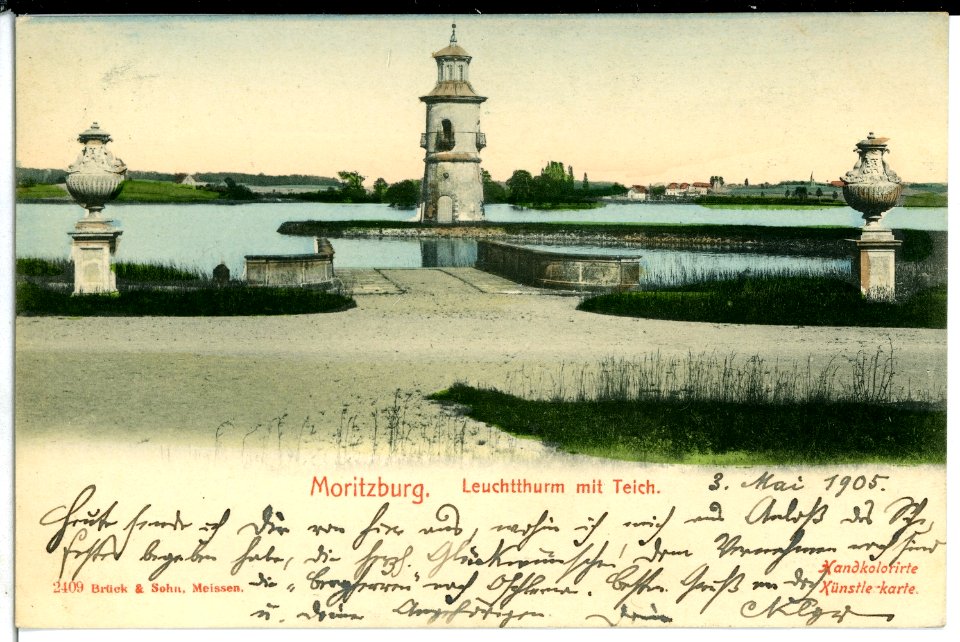 02409-Moritzburg-1902-Leuchtturm mit Teich-Brück & Sohn Kunstverlag