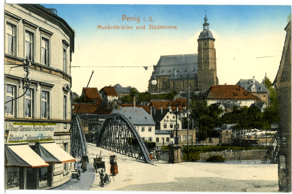 02338-Penig-1902-Muldenbrücke und Stadtkirche-Brück & Sohn Kunstverlag