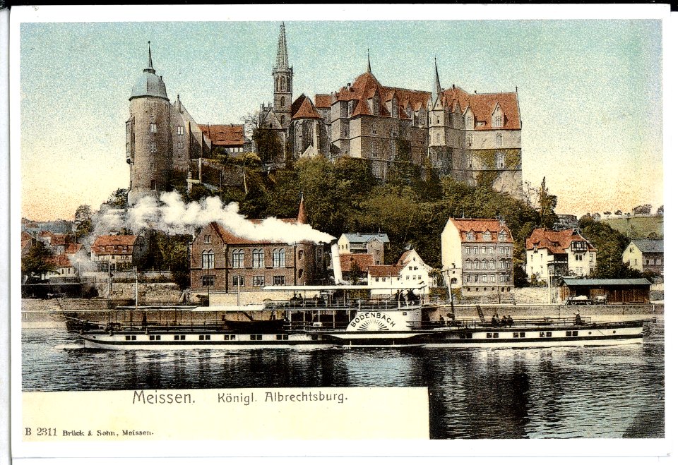 02311-Meißen-1902-Burgberg mit Elbe und Dampfer Bodenbach-Brück & Sohn Kunstverlag