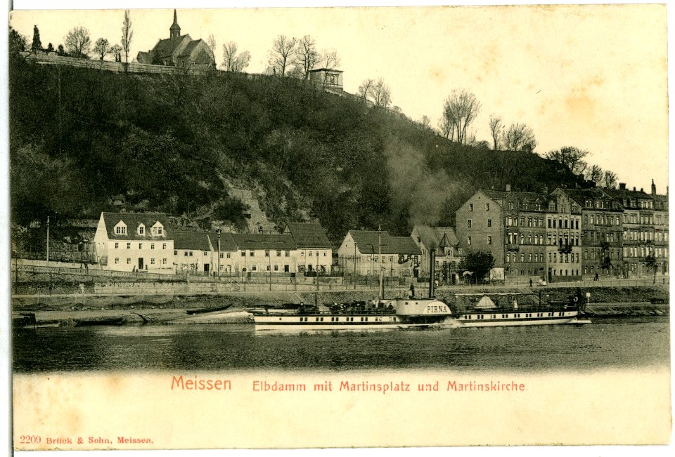 02209-Meißen-1901-Elbdamm mit Martinsplatz und Martinskirche-Brück & Sohn Kunstverlag
