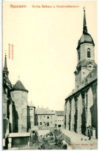 02427-Roßwein-1902-Kirche, Rathaus, Klosterkellerturm-Brück & Sohn Kunstverlag