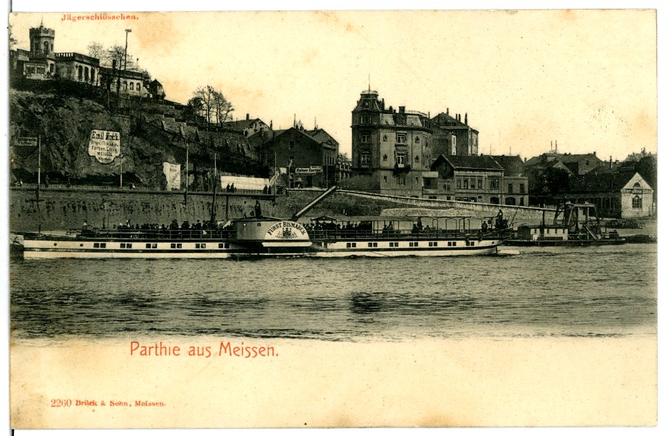 02260-Meißen-1902-Cölln, Jägerschlößchen, Elbe mit Dampfer-Brück & Sohn Kunstverlag