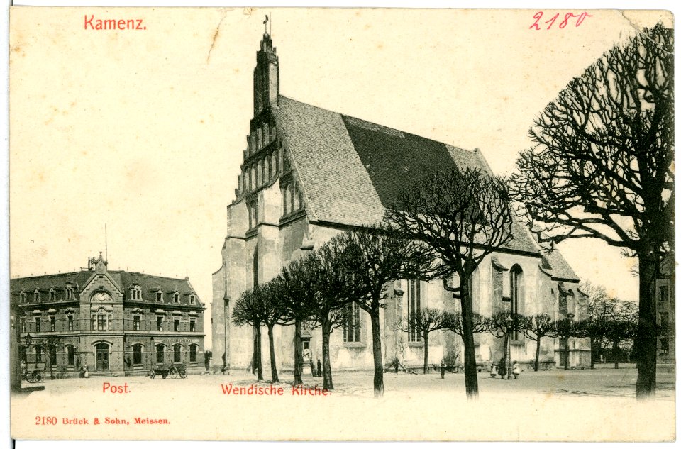 02180-Kamenz-1901-Post und Wendische Kirche-Brück & Sohn Kunstverlag