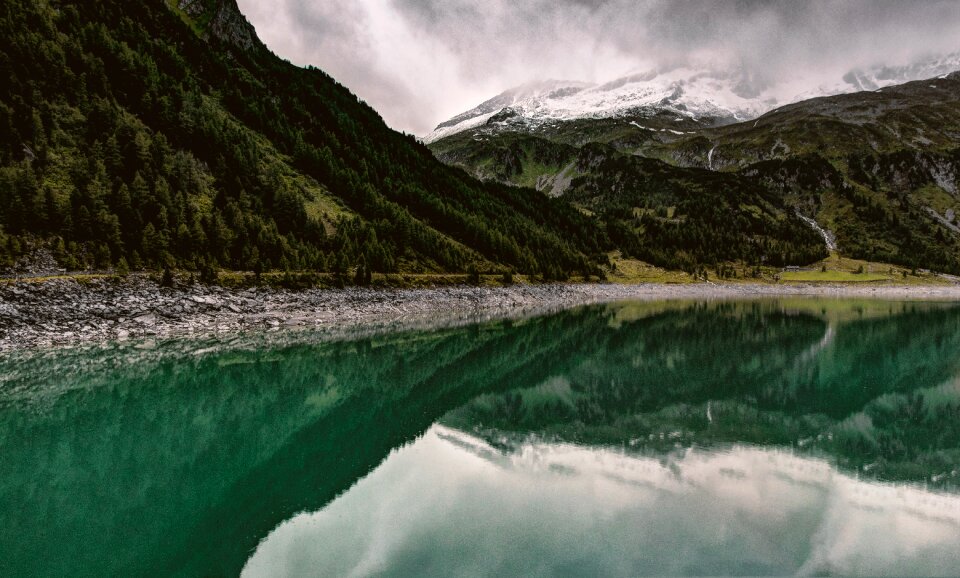 Reservoir mirroring mountain lake