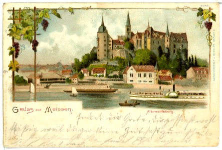 00006-Meißen-1897-Burgberg mit Albrechtsburg, Elbe, Dampfer Saxonia, Boote-Brück & Sohn Kunstverlag