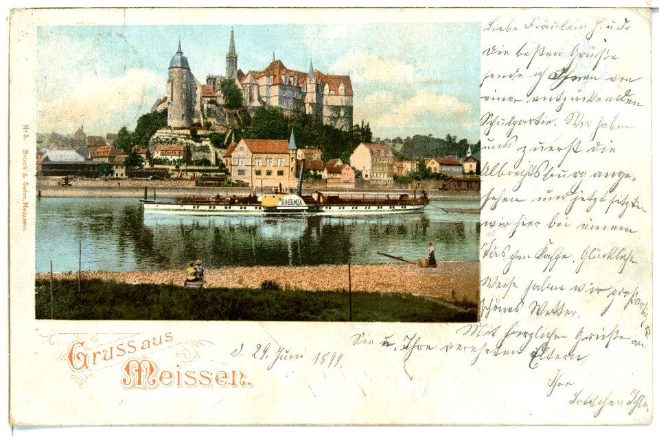 00005-Meißen-1897-Burgberg, Elbe und Dampfer Bohemia-Brück & Sohn Kunstverlag
