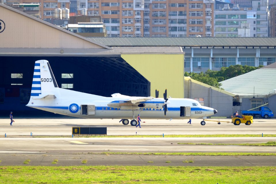ROCAF Fokker 50 5003 Moving by Tractor at Songshan Air Force Base 20161220b