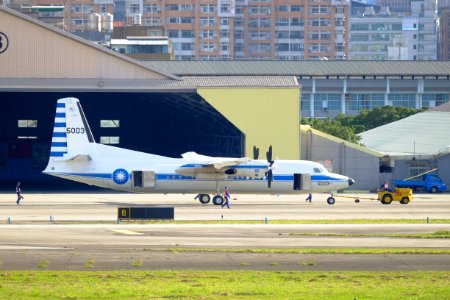ROCAF Fokker 50 5003 Moving by Tractor at Songshan Air Force Base 20161220b
