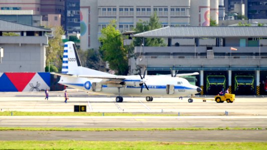 ROCAF Fokker 50 5003 Moving by Tractor at Songshan Air Force Base 20161220a