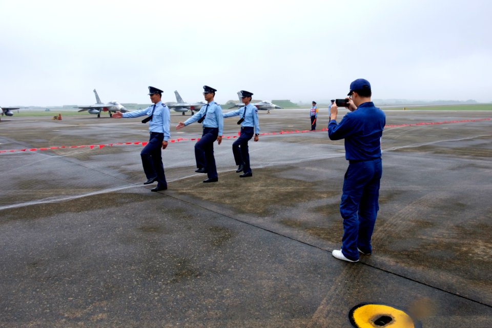ROCAF Air Crew Photographing Three Sergeants Marching in Ching Chuang Kang Air Force Base Apron 20161126