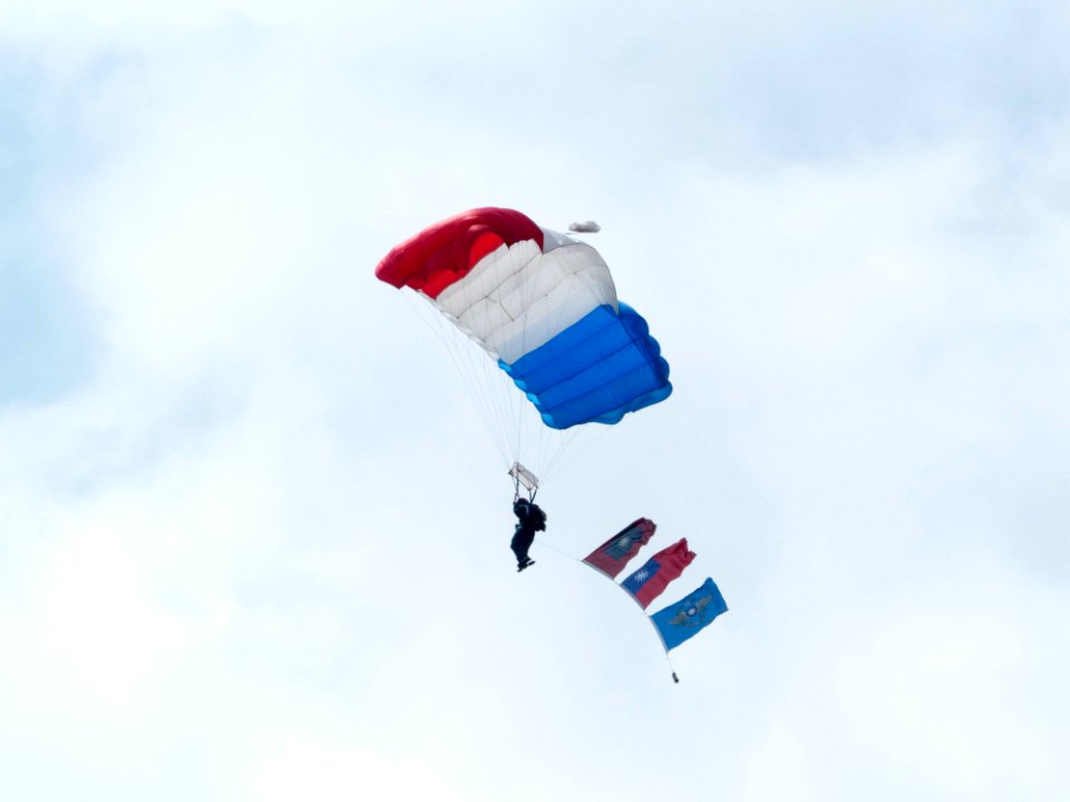 ROCA Dragon Team Crew with Military Flags of the Republic of China Descending over Military Academy Ground 20140531b