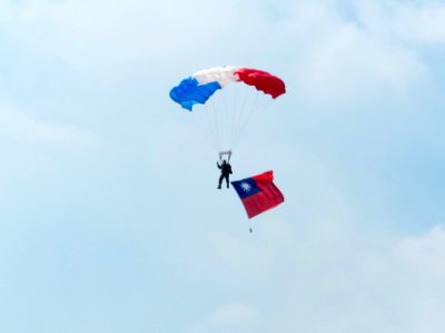 ROCA Dragon Team Crew with Flag of the Republic of China Descending over Military Academy Ground 20140531b