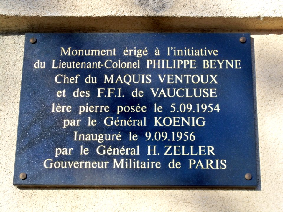 Plaque mémorial Maquis Ventoux