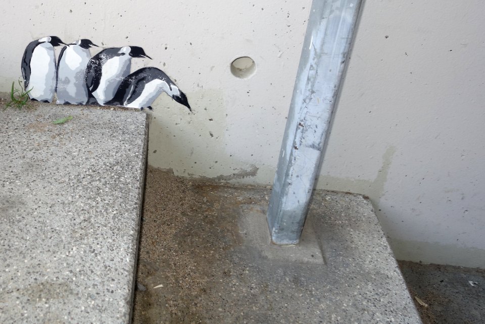 Pinguine, Treppe Rheinuferstraße, Oberkasseler Brücke, Düsseldorf, April 2020
