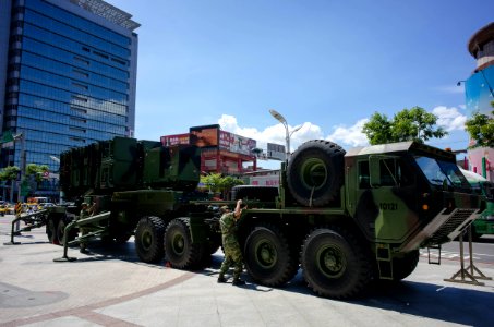 Patriot PAC-2 Launcher with HEMTT Display at Sidewalk of Section 2, Xianmin Blvd 20140906b