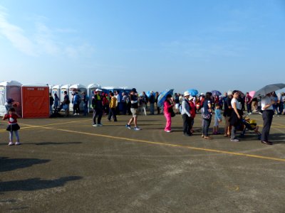 People Waitng to Toilets beside Shuttle Buses Station of Ching Chuang Kang Air Force Base 20161126