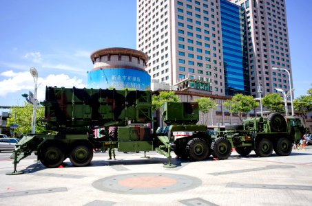Patriot PAC-2 Launcher with HEMTT Display at Sidewalk of Section 2, Xianmin Blvd Right Side View 20140906