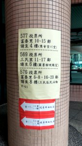 Polling Stations Sign on Column of Taipei City Minsheng Community Center Entrance 20160116
